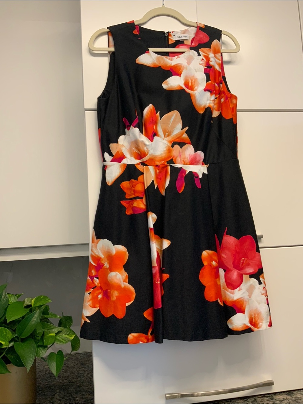Calvin Klein Black Floral Mini Dress with Orange & White Blooms size 8